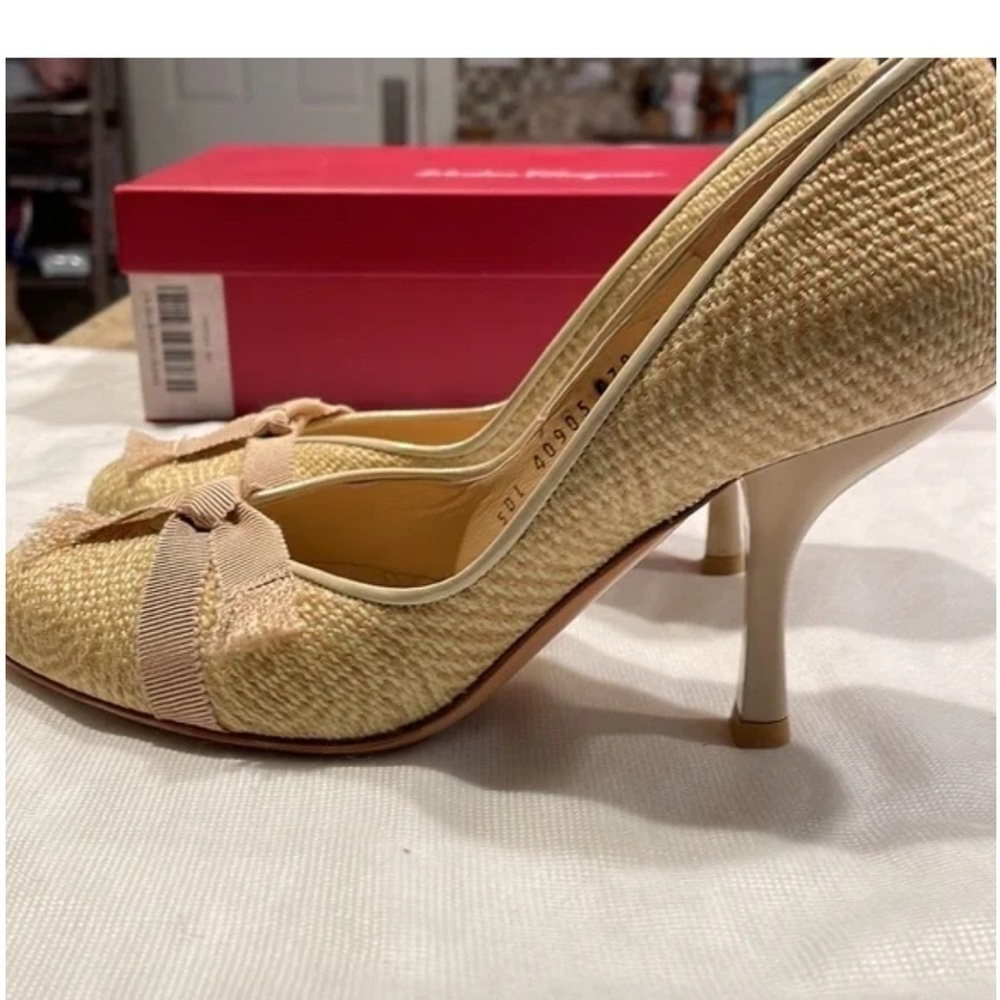 Salvatore Ferragamo Raffia Top Leather Heels Pumps with Ribbon Cream Beige 9 - Picture 3 of 16